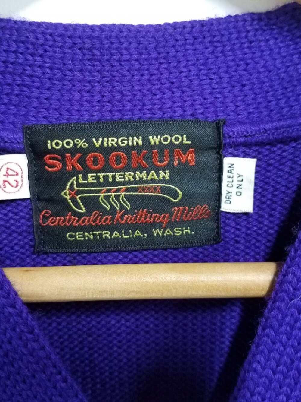 Vintage Skookum Virgin Wool Cardigan Jacket 42 Purple Gold White M V - Picture 3 of 5